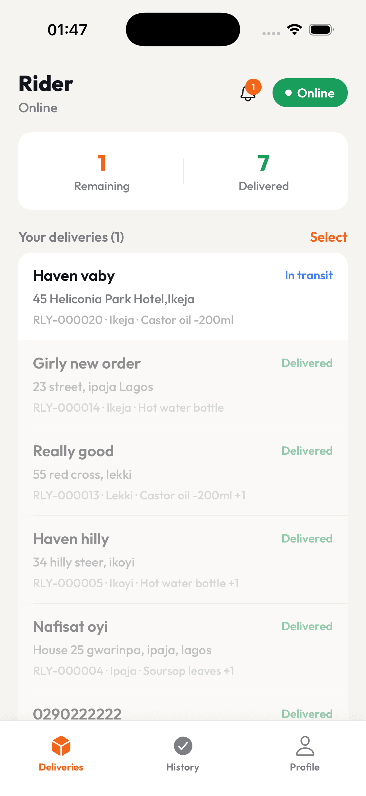 A rider's day on Relay: 1 remaining, 7 delivered, with each stop and its status listed.