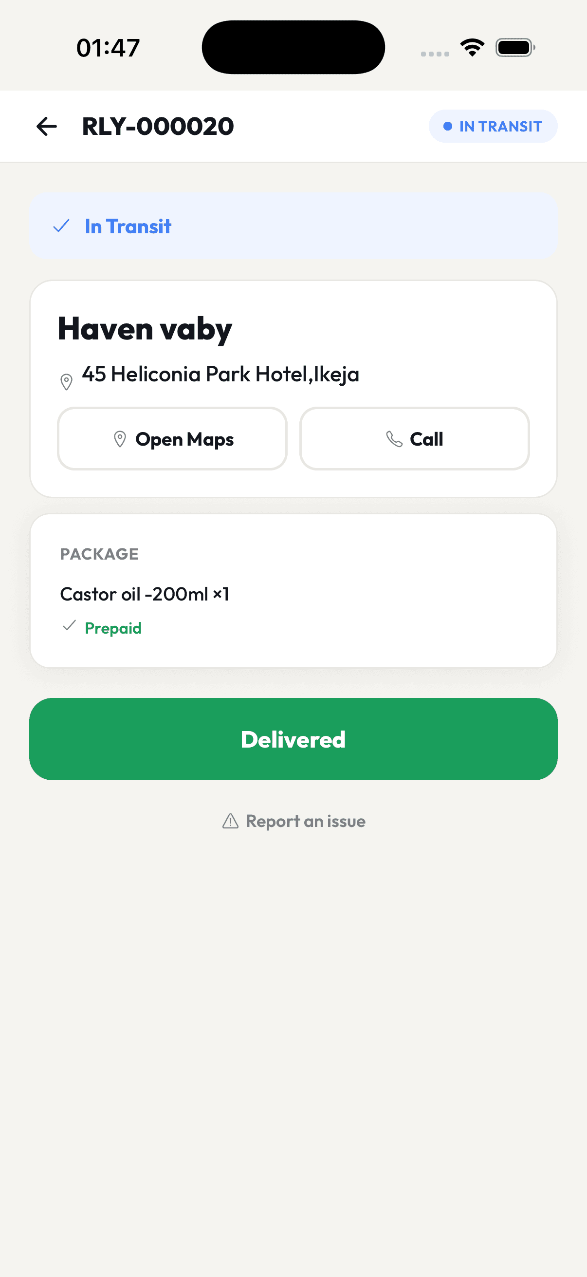 A Relay trip: Haven vaby at 45 Heliconia Park Hotel, Ikeja, with Open Maps and Call buttons and a Delivered action.