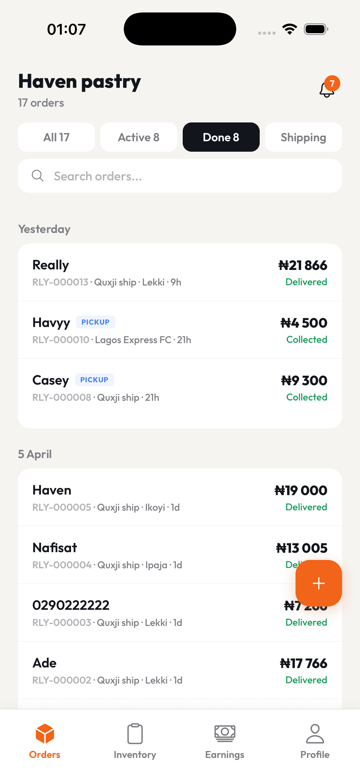 Merchant orders list