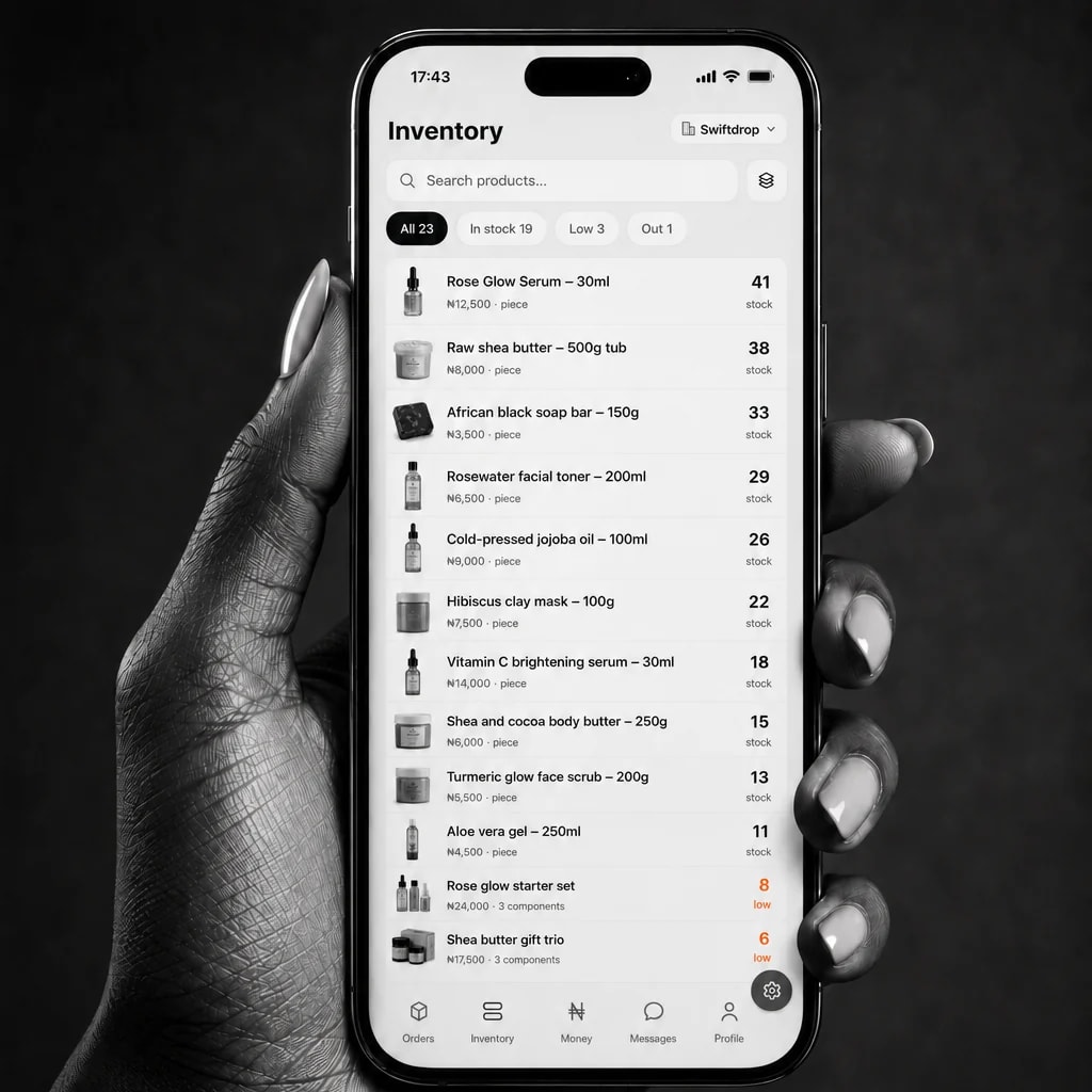 The Relay inventory screen held in one hand, twenty-three products with their stock counts down the list
