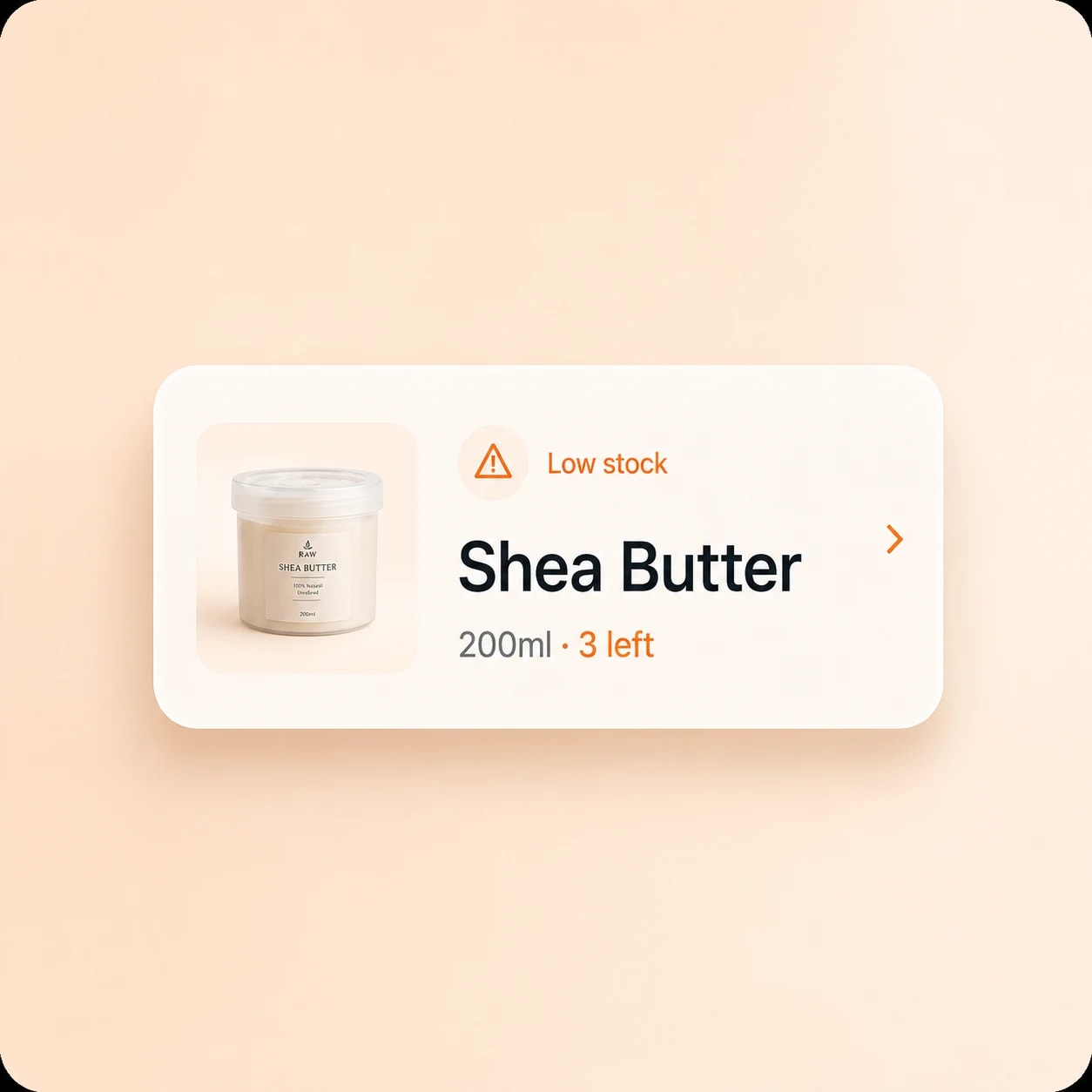 A low stock card for Raw Shea Butter 200ml with three left