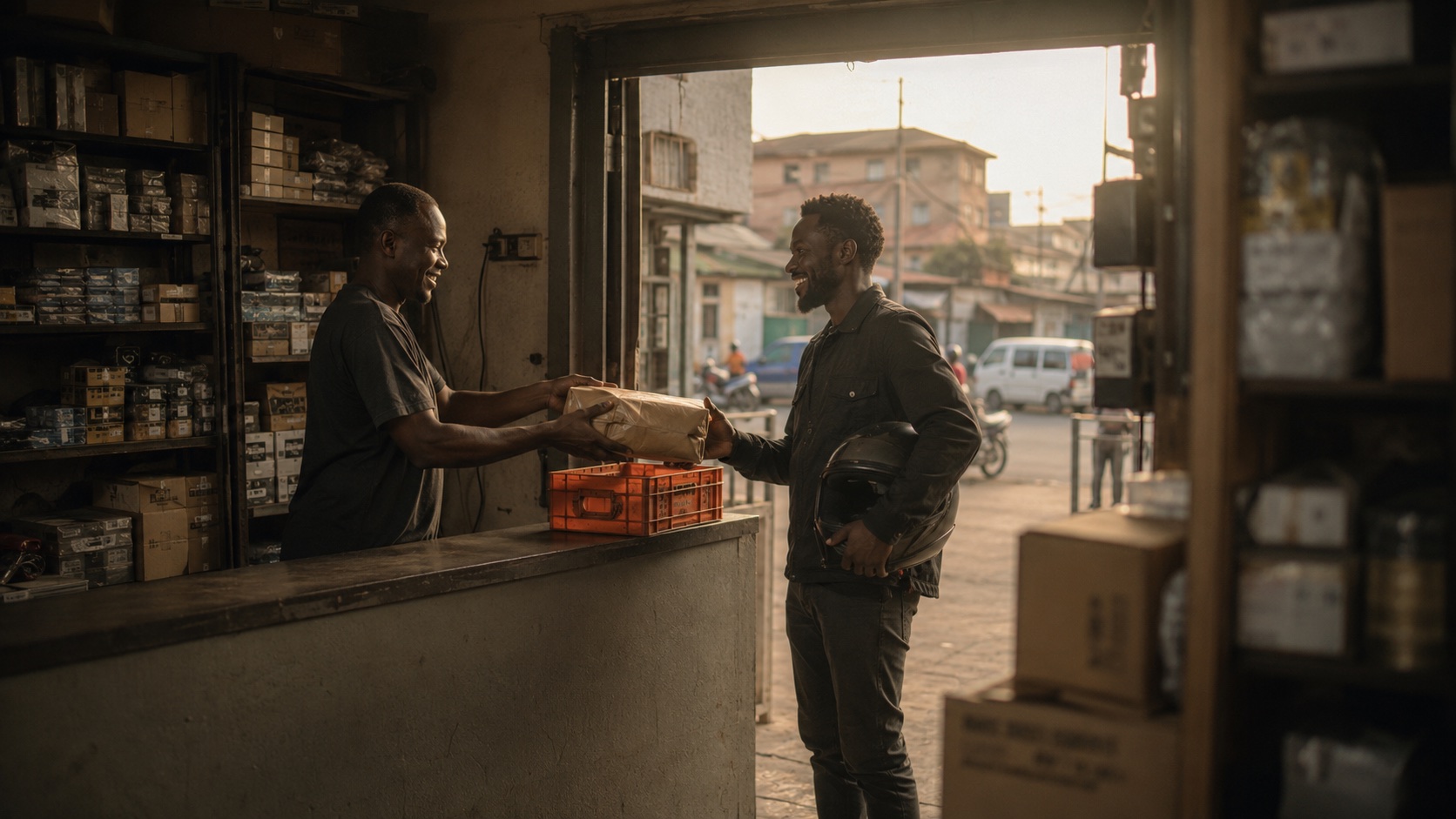 A rider, helmet under one arm, collecting a paper-wrapped parcel from a fulfilment centre attendant at the counter