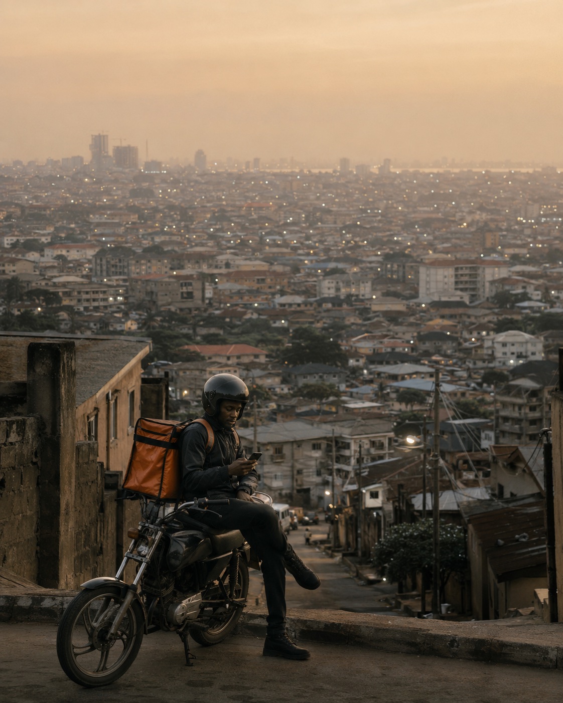 A dispatch rider paused on his motorcycle at dusk, checking his phone, the city running kilometres deep behind him